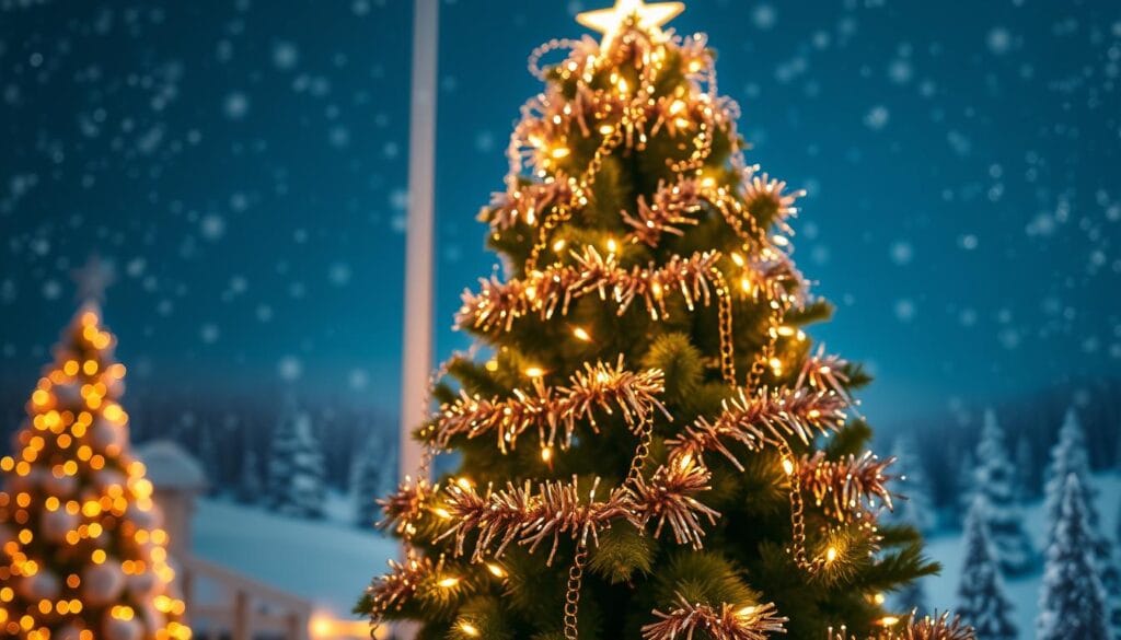 A festive scene of sparkling holiday lights and glistening tinsel adorning a lush, full-bodied Christmas tree. The tree stands in the foreground, illuminated by a warm, soft-focus glow that casts a cozy, inviting atmosphere. Layers of wispy, metallic tinsel cascade down the branches, catching the light and reflecting it in a mesmerizing display. In the background, a blurred, winter wonderland landscape with snowfall and twinkling stars in the night sky creates a magical, dreamlike setting. The overall mood is one of enchantment, whimsy, and the joyful anticipation of the holiday season.