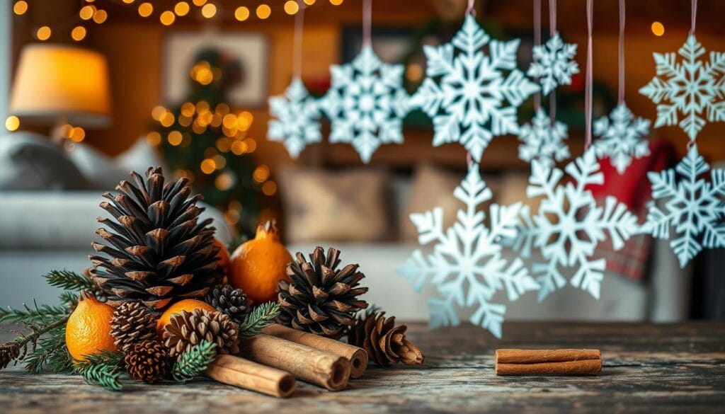 A festive still life featuring a variety of budget-friendly holiday decorations. In the foreground, a mix of pinecones, dried oranges, and cinnamon sticks arranged artfully on a rustic wooden surface. In the middle ground, a collection of handmade paper snowflakes in varying sizes and patterns, suspended from strings. The background showcases a cozy, warm-toned living room setting, with a twinkling string of fairy lights casting a soft, ambient glow. The overall atmosphere evokes a sense of homespun charm and holiday cheer, perfect for a budget-friendly, DIY-focused article on creating a cozy Christmas home.