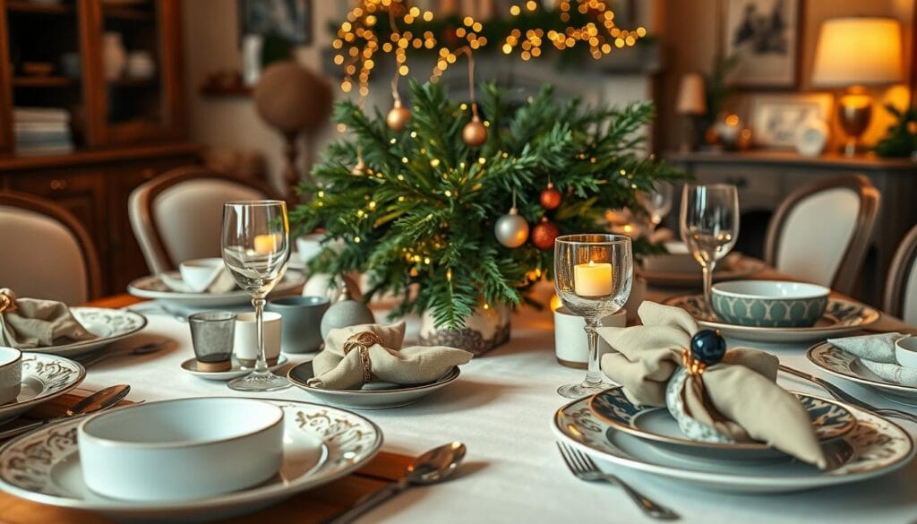 A festive table setting with an array of creative place settings. In the foreground, artfully arranged plates, bowls, and cutlery featuring unique textures, patterns, and colors. Intriguing napkin folds and unconventional napkin rings add visual interest. The middle ground showcases a centerpiece of lush, fragrant greenery, intertwined with twinkling fairy lights and delicate ornaments. In the background, a cozy, warm-toned room with wooden accents and a crackling fireplace, creating a cozy, inviting atmosphere. Soft, natural lighting gently illuminates the scene, casting a magical, intimate glow. The overall effect is one of effortless elegance and holiday cheer, designed to delight and impress your guests.