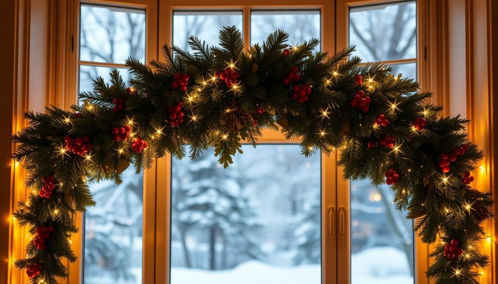 A festive window garland adorning a cozy bay window, bathed in warm, golden lighting. The garland is lush and full, with a mix of evergreen branches, red berries, and twinkling fairy lights. The garland cascades elegantly down the sides of the window, framing the view beyond. In the background, a snowy winter landscape can be seen through the glass, adding to the enchanting, holiday atmosphere. The composition is balanced and visually appealing, drawing the eye to the charming display. The overall mood is one of cheer, comfort, and the spirit of the season.
