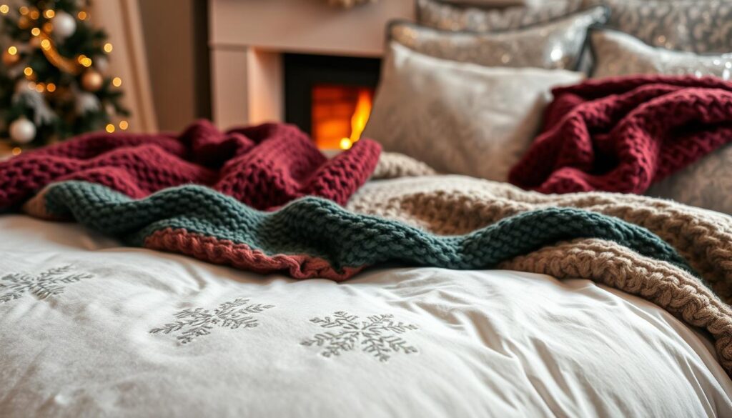 A festive winter wonderland of cozy bedding textures. In the foreground, a plush, ivory-colored comforter with delicate embroidered snowflakes. In the middle ground, soft, oversized knitted throws in shades of burgundy and forest green, draped invitingly across the bed. The background features a shimmering silver and white metallic jacquard duvet cover, reflecting the warm glow of a fireplace nearby. Gentle, diffused lighting casts a magical, holiday ambiance, while the textures beg to be touched, creating a sense of comfort and cheer. An enchanting scene to inspire a cozy, Christmas-themed bedroom retreat.