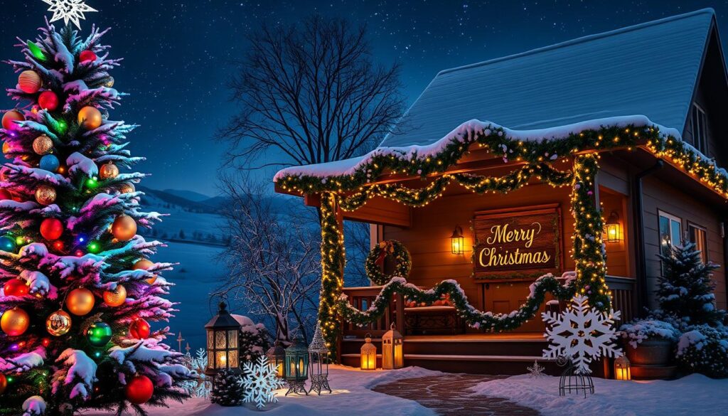 A festive winter wonderland with an enchanting display of outdoor holiday decorations. In the foreground, a lush, snow-covered pine tree adorned with twinkling multicolored lights, vibrant ornaments, and a dazzling star topper. Surrounding the tree, a charming assortment of illuminated snowflakes, icicle lights, and glowing lanterns create a warm, inviting atmosphere. In the middle ground, a cozy porch draped in garlands, wreaths, and a rustic wooden sign that reads "Merry Christmas." The background features a snowy landscape with a starry night sky, casting a magical glow over the entire scene. The lighting is soft and diffused, creating a sense of tranquility and wonder.