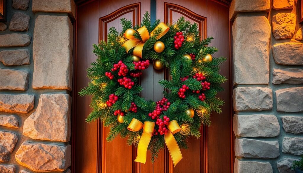A festive wreath adorned with lush evergreens, vibrant red berries, and golden ribbons, illuminated by warm ambient lighting. The wreath is displayed on a wooden door, framed by a rustic stone entryway, creating a cozy and inviting atmosphere. The lighting casts a soft, golden glow, accentuating the textures and colors of the natural elements. The scene evokes a sense of holiday cheer and welcomes guests into a charming, winter wonderland-inspired home.