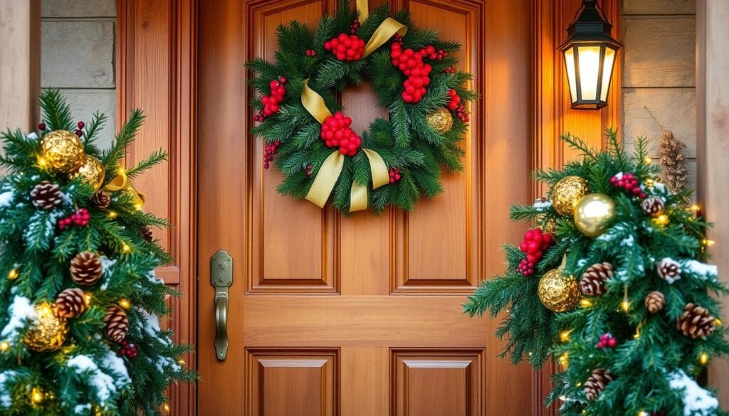 A festive wreath adorns a wooden front door, its evergreen boughs intertwined with vibrant red berries and golden ribbons. Lush garlands cascade down the doorframe, their trailing vines dotted with pinecones and twinkling fairy lights. Soft, warm lighting from the porch casts a cozy glow, highlighting the intricate textures and rich colors of the holiday decor. A light dusting of snow covers the porch, adding a touch of winter wonderland charm. The scene exudes a sense of welcoming celebration, inviting guests to step into the warmth and magic of the holiday season.