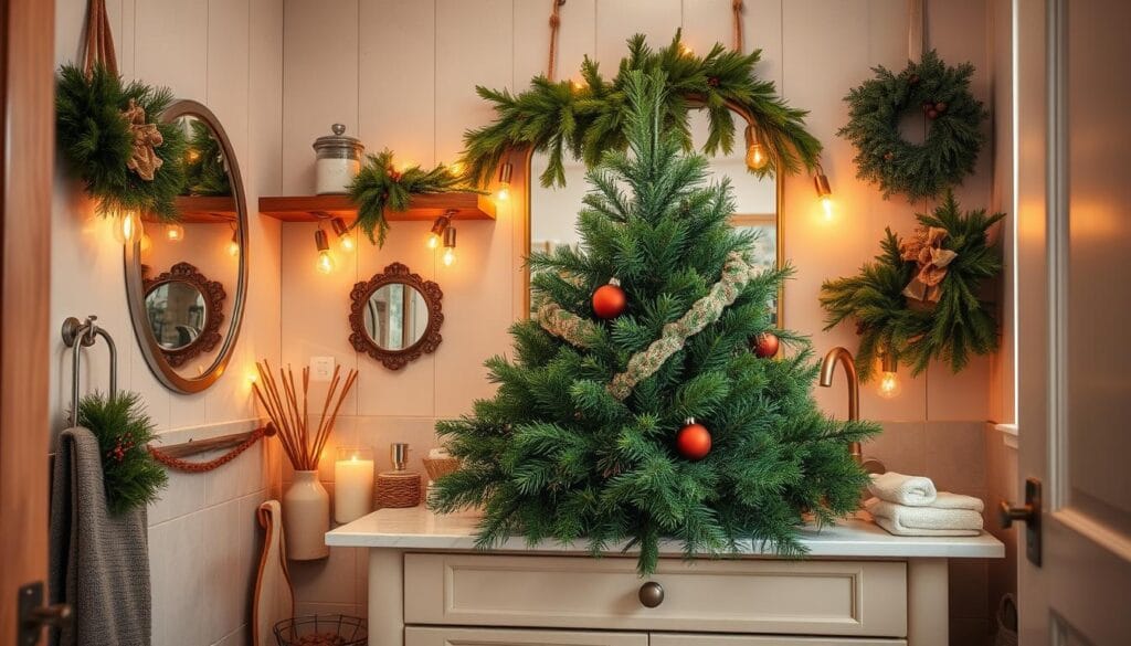 A festively decorated bathroom interior, with a lush evergreen Christmas tree or verdant garland as the focal point. The greenery is strategically placed on the vanity, shelves, or mounted on the wall, surrounded by holiday ornaments, twinkling lights, and other seasonal accents. Warm, golden lighting casts a cozy glow, complemented by the natural textures of wood, stone, and ceramic. The composition balances the rustic and the refined, creating a welcoming, hygge-inspired atmosphere. The overall scene evokes a sense of holiday cheer and domestic comfort.