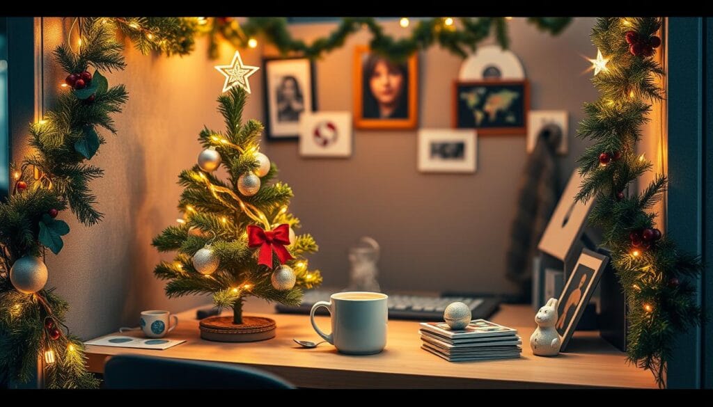A festively decorated cubicle, bathed in warm, golden lighting. The foreground features a miniature Christmas tree adorned with twinkling LED lights, ornaments, and a ribbon bow. Garlands of evergreen foliage and holly berries cascade down the sides of the cubicle walls, creating a cozy, woodland ambiance. On the desk, a mug of steaming hot cocoa sits next to a stack of holiday greeting cards and a small, snow-dusted ceramic figurine. In the background, the cubicle is neatly organized, with family photos and framed artwork adding personal touches. The overall scene conveys a sense of holiday cheer and productivity, inspiring creativity and a festive mood within the office environment.