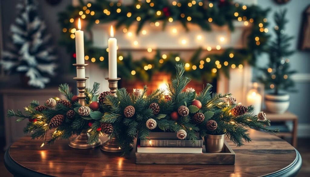 A festively decorated entrance table serves as the focal point of a cozy, winter-inspired interior. In the foreground, an elegant centerpiece features a lush garland adorned with twinkling fairy lights, pinecones, and sprigs of holly. Atop the table, a pair of vintage candlesticks cast a warm, ambient glow. In the middle ground, simple yet stylish decor elements like a rustic wooden tray, a stack of holiday-themed books, and a small potted evergreen plant create a layered, visually interesting display. The background is a softly blurred scene of a fireplace mantel draped in more greenery and twinkling lights, evoking a sense of holiday cheer and comfort. The overall scene is captured with a wide-angle lens, emphasizing the cozy, welcoming atmosphere of the entrance tableau.