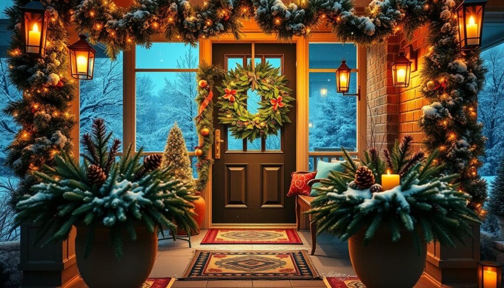 A festively decorated entryway with lush garlands, twinkling string lights, and a grand holiday wreath framing the front door. The entryway is bathed in warm, golden light from lanterns and candles, creating a cozy, inviting atmosphere. In the foreground, a pair of holiday-themed planters flank the doorway, overflowing with evergreen boughs, pinecones, and a dusting of fresh snow. The middle ground features a plush seasonal doormat and a vintage wooden bench accented with red and green cushions. In the background, snow-capped trees and a starry night sky set the quintessential winter wonderland scene.