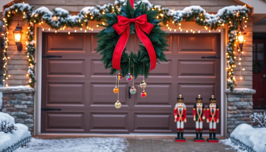 A festively decorated garage door stands before a cozy suburban home, adorned with twinkling string lights that cast a warm glow. In the foreground, a large wreath hangs centered, its vibrant red ribbons and lush evergreen boughs creating a focal point. Beneath, colorful Christmas ornaments dangle from the door's metal frame, reflecting the glow of the lights. The middle ground features a pair of nutcracker soldiers standing guard, their bold uniforms and wooden expressions adding a touch of whimsical holiday charm. In the background, a light dusting of snow covers the ground, creating a picturesque winter scene. The overall composition evokes a sense of seasonal cheer and festive celebration, perfect for welcoming guests to this inviting home.
