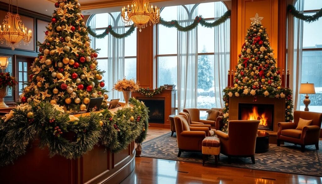 A festively decorated reception area, bathed in warm, golden lighting. In the foreground, a grand, ornate Christmas tree adorned with twinkling lights, shimmering ornaments, and a majestic tree topper. Lush, green garlands draped elegantly along the reception desk, intertwined with glistening holly berries and delicate white poinsettias. In the middle ground, a cozy seating area with plush, velvet armchairs and a crackling fireplace, casting a cozy glow. The background features tall, arched windows framed by sheer, flowing curtains, revealing a winter wonderland scene outside, with gently falling snow and a dusting of white on the landscaping. The overall atmosphere is one of holiday cheer, comfort, and inviting hospitality.
