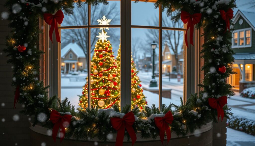A festively decorated window overlooking a snow-covered street. In the foreground, a large bay window displays an elegant Christmas tree adorned with twinkling lights, colorful ornaments, and a sparkling tree topper. Garlands of fresh greenery with red ribbons frame the window, creating a cozy and inviting atmosphere. In the middle ground, snowflakes drift gently past the window, illuminated by the warm glow of the interior lighting. The background depicts a quaint neighborhood street lined with snow-covered houses, their own windows glowing with holiday cheer. The scene is captured with a shallow depth of field, emphasizing the focal point of the beautifully decorated window.