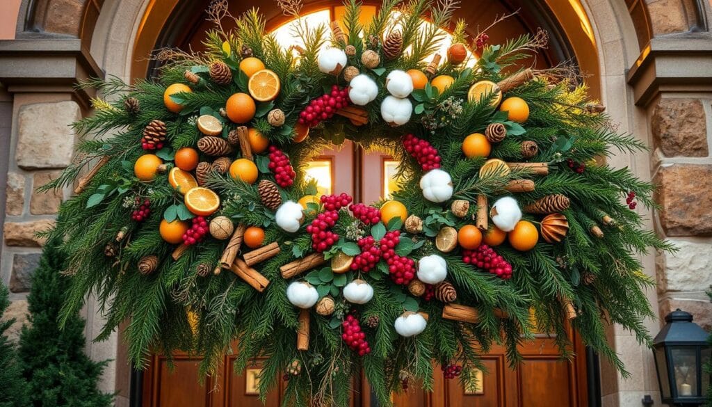 A grand, lush holiday wreath adorns the entryway, crafted with an abundance of natural elements. In the foreground, cascading evergreen boughs intermingle with dried citrus slices, cinnamon sticks, and fragrant pinecones. The middle layer features a mix of vibrant red berries, delicate sprigs of eucalyptus, and wispy tufts of cotton. Warm, golden light filters through the design, casting a cozy, inviting glow. The wreath is hung against a grand, wooden door, framed by rustic stone archways, evoking a sense of timeless elegance. This captivating display welcomes guests to a space filled with festive cheer and maximalist holiday charm.