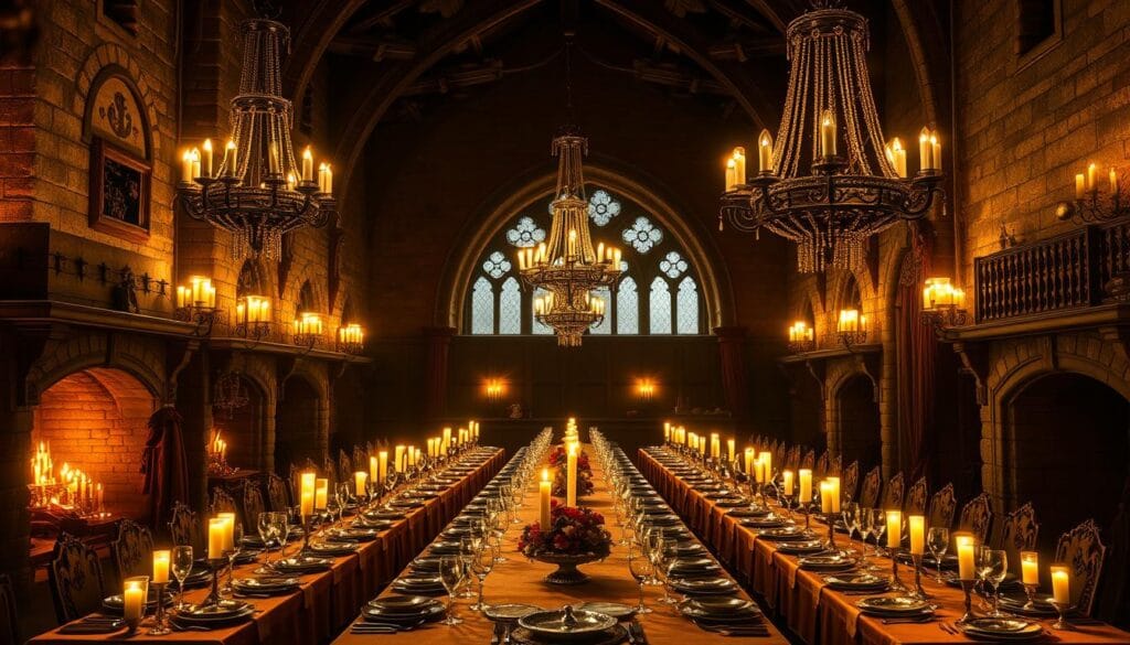 A grand medieval dining hall, bathed in the warm glow of flickering candlelight. The long, ornate table is set with gleaming silver platters, fine china, and crystal goblets. Towering stone fireplaces flank the chamber, their flames casting a flickering dance across the tapestry-lined walls. Intricate chandeliers, adorned with wrought-iron and flickering candles, hang from the vaulted ceiling, illuminating the space with a soft, regal ambiance. Heavy, velvet curtains frame the arched windows, filtering in just a hint of natural light. The atmosphere is one of opulence and grandeur, befitting a feast fit for a king.