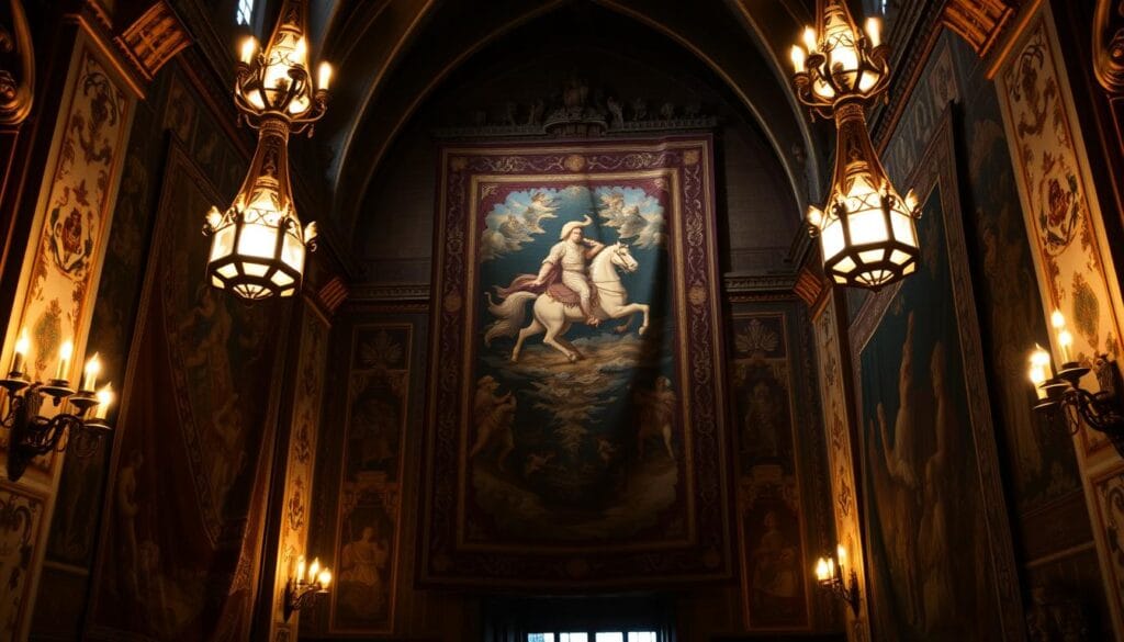 A grand medieval hall, adorned with tapestries depicting heroic scenes and intricate patterns. Ornate sconces cast a warm, flickering glow, illuminating the ornamental detailing on the walls. The tapestries hang gracefully, their rich colors and textures adding depth and character to the space. The lighting is soft and atmospheric, creating a sense of timeless elegance. The composition showcases the tapestries as the focal point, with the sconces framing and accentuating their grandeur. This image evokes the essence of medieval decor, perfectly suited to illustrate the "Essential Medieval Inspired Decor Elements" section of the article.
