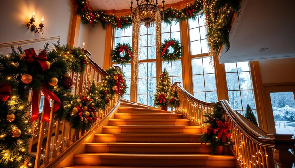 A grand staircase adorned with lush garlands, twinkling lights, and vibrant holiday decorations. The steps are illuminated by warm, golden lighting, casting a cozy glow over the scene. Ornaments, wreaths, and sparkling ribbon cascade down the banisters, creating a magical, inviting atmosphere. In the background, a large window frames a snowy winter landscape, adding to the festive ambiance. The composition is balanced, with the staircase taking center stage, inviting the viewer to ascend and experience the joyful transformation. Subtle shadows and highlights accentuate the depth and texture of the scene, creating a sense of depth and dimension.