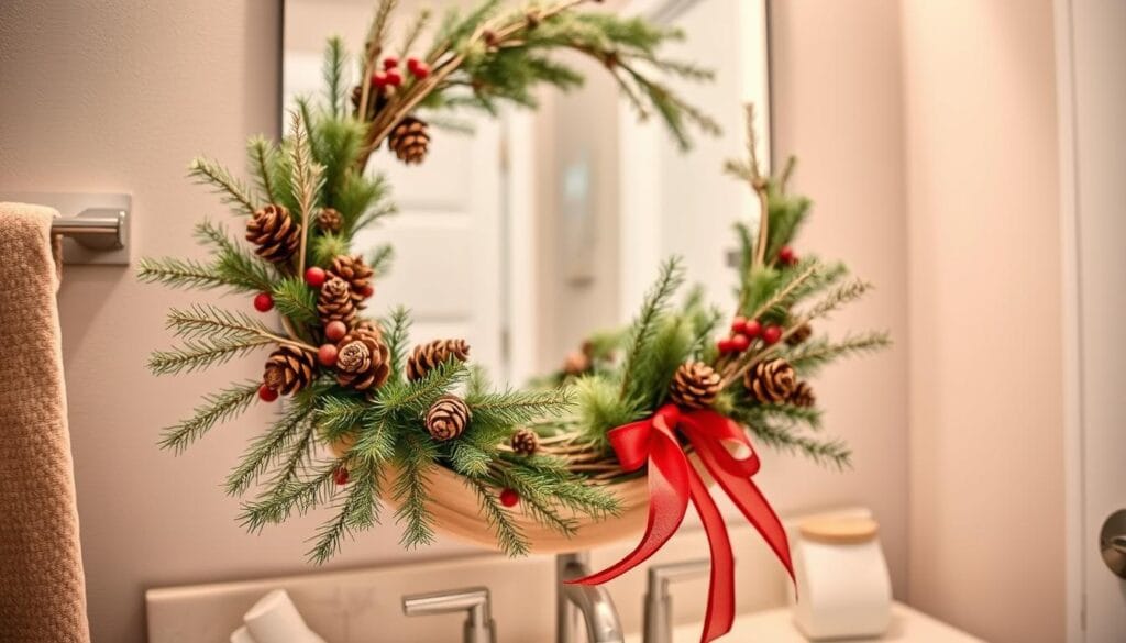A handmade holiday wreath, crafted with a rustic charm, adorns the bathroom vanity. The foreground features an arrangement of pine branches, pine cones, and sprigs of holly, accented with delicate ribbons in festive red and green hues. The middle ground showcases the wreath's natural wooden base, lending a warm, organic feel to the composition. The background subtly blends the neutral tones of the bathroom's decor, creating a harmonious and inviting atmosphere. Soft, diffused lighting gently illuminates the scene, highlighting the wreath's textural details and creating a cozy, intimate ambiance perfect for a Christmas-themed bathroom.