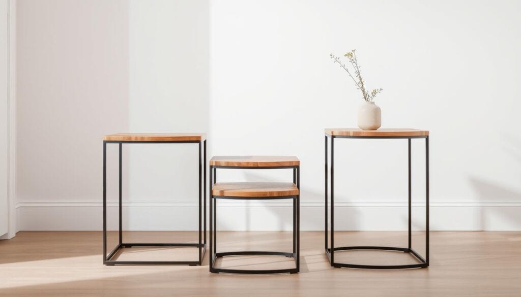 A harmonious arrangement of sleek, modern nesting tables in a welcoming entryway. The tables, crafted from warm wood and clean-lined metal, are nestled together in a visually appealing display. Soft, diffused lighting from above casts a gentle glow, highlighting the natural textures and accentuating the tables' clean, minimalist design. The tables appear to float effortlessly, creating an airy, uncluttered atmosphere that invites visitors to explore the entryway's storage capabilities. The composition is balanced, with the tables taking center stage against a muted, neutral background that allows the furniture to shine.