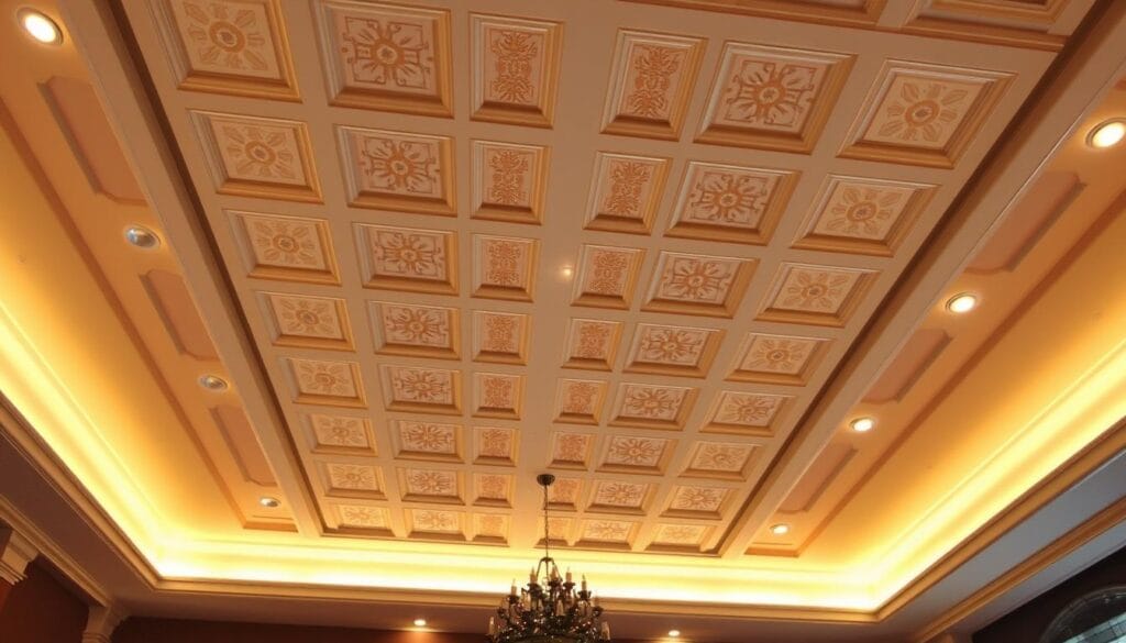 A high-ceilinged room with a detailed ceiling layout plan, illuminated by warm, ambient lighting from recessed fixtures. The layout features a symmetrical grid of rectangular panels, each with a distinct pattern or texture, creating a visually striking and harmonious design. The camera angle is slightly elevated, providing a bird's-eye view of the space, allowing the viewer to fully appreciate the careful planning and attention to detail. The overall mood is one of elegance, sophistication, and a touch of holiday cheer, perfectly complementing the "Christmas Decor Ideas for Tall Ceilings" article.