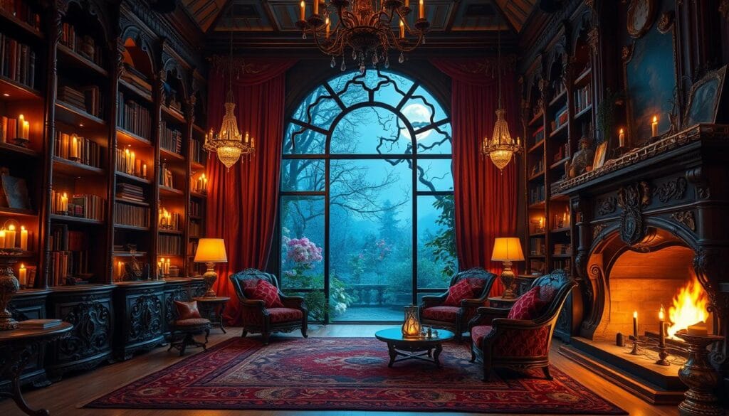 A lavish fantasy-inspired living room, bathed in warm, flickering candlelight. Ornate wooden furniture with intricate vine-like carvings, adorned with glimmering gemstones and polished brass. Towering bookshelves filled with ancient tomes and mystical artifacts. A large, arched window frames a moonlit garden, lush with enchanted flora. Delicate glass chandeliers cast a soft, ethereal glow, while plush velvet drapes in rich jewel tones create an intimate, cozy ambiance. Glowing embers in the ornate fireplace crackle, filling the air with a comforting fragrance. Ornate rugs in swirling, otherworldly patterns cover the hardwood floors. An atmosphere of elegant, fantastical wonder, inviting one to settle in and get lost in the magic of this extraordinary space.