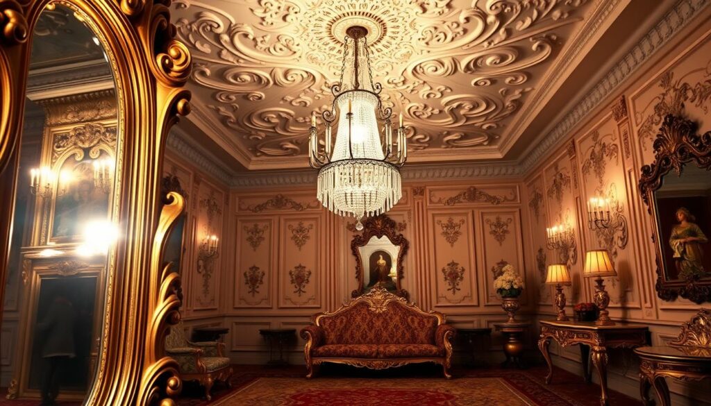 A lavish, ornate interior in the Rococo style, bathed in warm, soft lighting. The foreground features an elaborately carved and gilded mirror frame, its curving lines and acanthus leaf motifs reflecting the light. In the middle ground, a grand chandelier with cascading crystal prisms hangs from an intricate plaster ceiling adorned with scrolling floral patterns. The background showcases a lush, brocade-upholstered sofa and ornamental side tables, all set against a backdrop of detailed paneled walls in a pastel color palette. The overall atmosphere is one of opulence, elegance, and playful whimsy, capturing the essence of the Rococo aesthetic.