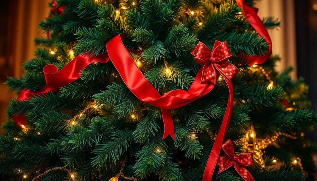 A lush, elegant Christmas tree draped in a captivating ribbon design. The tree's deep green foliage forms a striking contrast against the warm, golden lighting that casts a cozy glow. Ribbons of crimson and emerald elegantly cascade down the branches, their shimmering texture and intricate patterns creating a visually striking display. The scene is captured with a shallow depth of field, drawing the viewer's eye to the beautifully curated ribbon design that takes center stage. An enchanting, festive atmosphere pervades the image, inviting the viewer to imagine the delightful holiday ambiance.