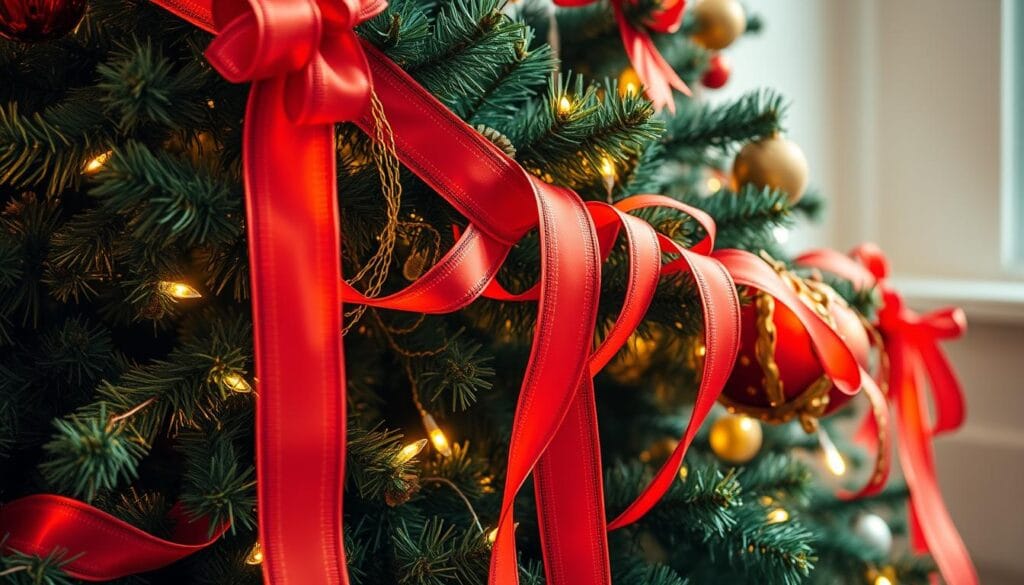 A lush, festive ribbon garland cascades gracefully down a meticulously decorated Christmas tree, its folds and curves creating a harmonious, visually striking display. The ribbons are fashioned in a variety of rich, jewel-toned hues that complement the tree's verdant boughs. Soft, warm lighting casts a gentle glow, accentuating the intricate patterns and textures of the ribbons as they elegantly drape and intertwine. The scene exudes a sense of timeless holiday elegance, inviting the viewer to imagine the perfect traditional Christmas setting.