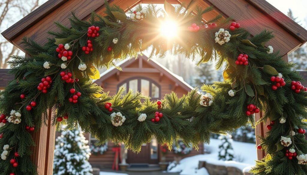 A lush, handcrafted Christmas wreath garland adorns a rustic wooden archway, its verdant foliage interspersed with sprigs of crimson berries and delicate white flowers. Sunlight filters through the archway, casting a warm, golden glow over the scene. The garland cascades gracefully, its natural textures and organic shapes creating a sense of effortless elegance. In the background, a cozy cabin nestled amidst a snowy, pine-dotted landscape sets the stage for this intimate, homespun holiday setting. Photographed with a wide-angle lens, the image captures the inviting, hand-crafted charm of this personalized DIY archway decor.
