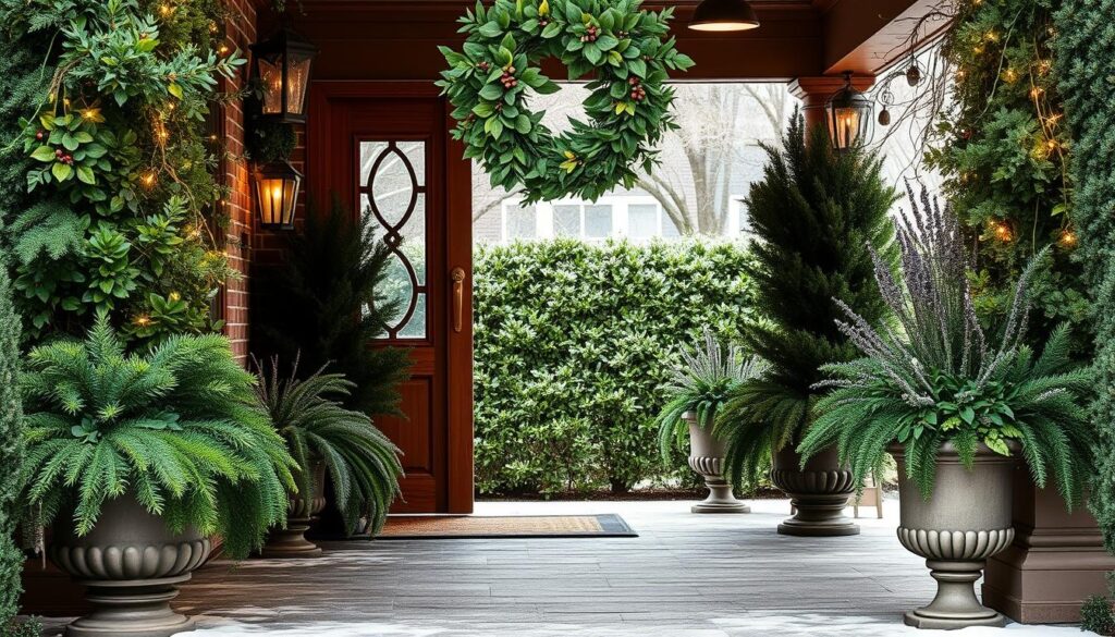 A lush, inviting front porch adorned with a bountiful display of vibrant greenery. In the foreground, a beautiful wreath of fresh pine, holly, and eucalyptus cascades over the wooden door frame, its rich colors and textures drawing the eye. Flanking the entryway, planters overflow with a mix of evergreen shrubs, trailing vines, and twinkling string lights that cast a warm, cozy glow. In the middle ground, a pair of ornate urns spill over with fragrant rosemary, lavender, and thyme, their earthy aromas mingling with the crisp winter air. The background features a neatly trimmed hedgerow and a dusting of snow, creating a serene, winter wonderland-inspired scene. Soft, diffused lighting from overhead fixtures bathes the porch in a gentle, inviting ambiance.