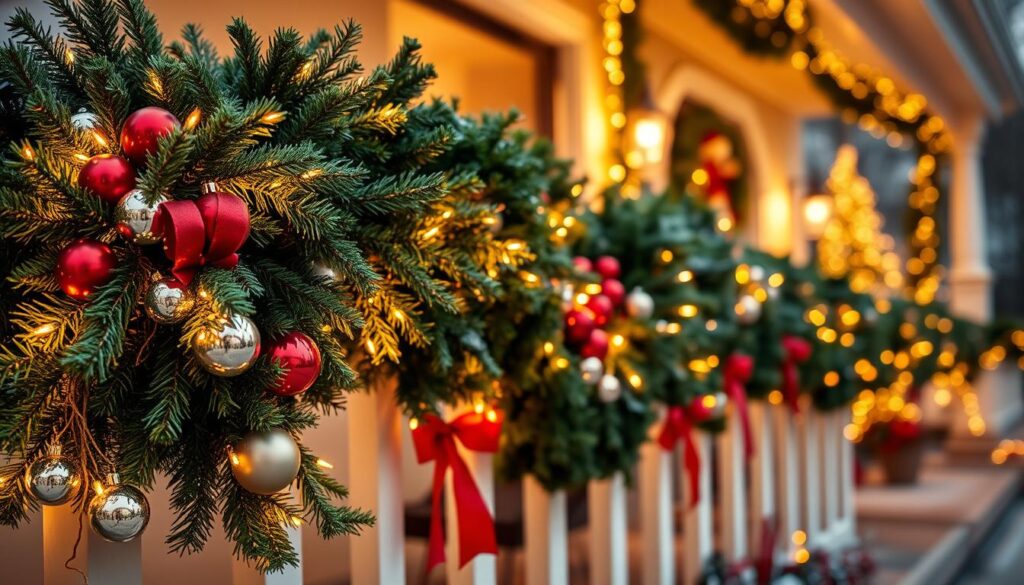 A lush, layered garland adorns the porch, its verdant boughs intertwined with warm, twinkling string lights. In the foreground, clusters of gleaming ornaments and ribbons add pops of festive color, while in the middle ground, the garland cascades gracefully along the porch railing. The background features a cozy, inviting porch, bathed in a soft, golden glow from the carefully placed lighting, creating a welcoming and enchanting winter wonderland scene. The composition is balanced and visually striking, capturing the essence of a festive, front porch Christmas decor.