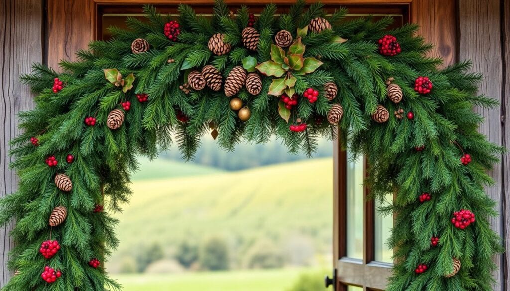 A lush, natural arrangement of evergreen swags and garlands, draped elegantly across a rustic wooden door frame. The foreground features a cascading display of fresh pine, fir, and holly branches, interwoven with warm, earthy tones. The middle ground showcases clusters of pinecones, dried berries, and subtle pops of red and gold accents, creating a cozy, inviting atmosphere. The background is a softly blurred, verdant landscape, emphasizing the organic, serene nature of the scene. Captured with a wide-angle lens and natural, soft lighting, the image conveys a sense of pastoral charm and the essence of a traditional Christmas welcome.