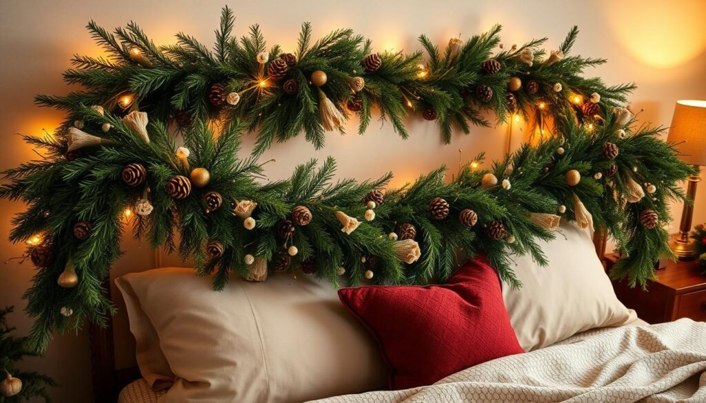 A lush, natural garland adorns a cozy bedroom, draping gracefully over the headboard and bedposts. The garland is a luxurious blend of fragrant evergreen branches, pinecones, and delicate dried flowers, creating a rustic and inviting atmosphere. Warm, soft lighting casts a gentle glow, accentuating the organic textures and colors. The garland's composition is balanced and visually captivating, with a sense of effortless elegance that complements the room's serene, festive ambiance. The overall scene evokes a feeling of warmth, coziness, and the welcoming spirit of the holiday season.