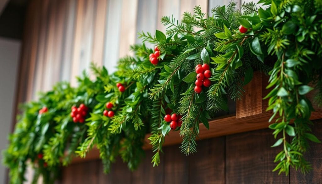A lush, verdant garland cascades gracefully over a rustic wooden surface, its vibrant leaves and delicate stems forming an intricate and captivating arrangement. The garland is crafted from a harmonious blend of fresh-cut evergreens, such as pine, fir, and holly, their rich hues and glossy textures complementing each other seamlessly. Soft, diffused lighting from above casts a warm, inviting glow, accentuating the natural beauty of the garland and creating a cozy, festive ambiance. The composition is expertly balanced, with the garland's flowing lines and organic shapes taking center stage, while the simple, uncluttered background allows the greenery to shine. This image perfectly captures the essence of creating a festive and welcoming atmosphere with the use of fresh, seasonal greenery.