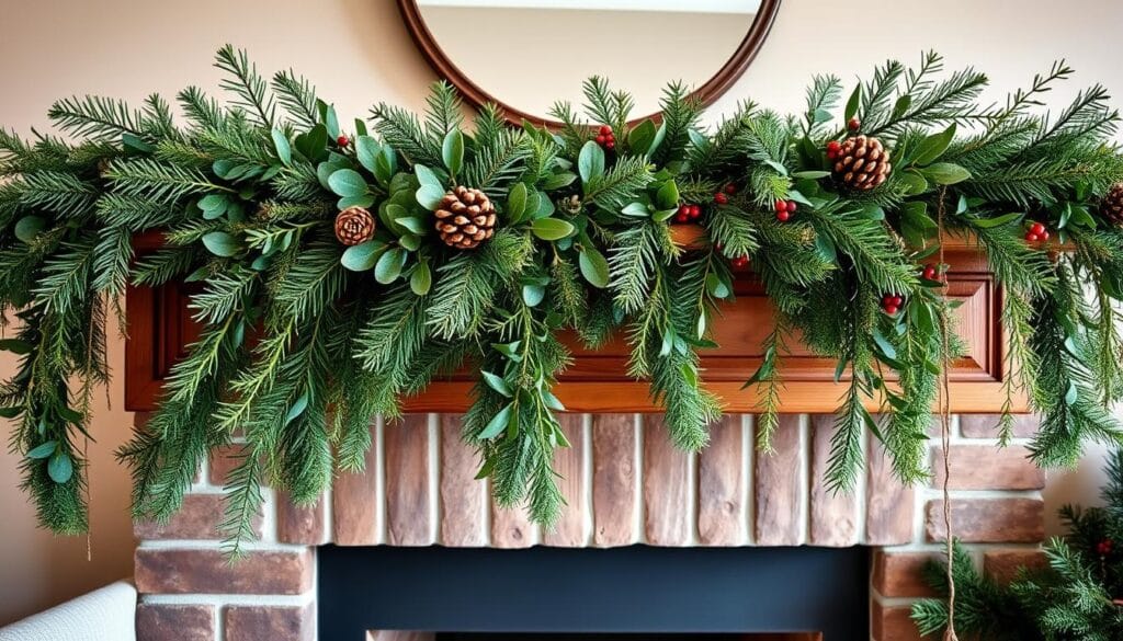 A lush, verdant holiday garland cascades gracefully across a rustic wooden mantelpiece, its intertwined sprigs of fresh pine, fir, and eucalyptus leaves glistening softly in the warm, ambient lighting. Delicate pinecones and festive red berries peek out from the greenery, adding a touch of natural elegance. The garland flows seamlessly, creating a captivating focal point that effortlessly blends the outdoors with the cozy, inviting atmosphere of the living room. Captured with a wide-angle lens, the scene exudes a sense of tranquility and festive charm, perfectly complementing the elegant and simple Christmas decor showcased in the article.