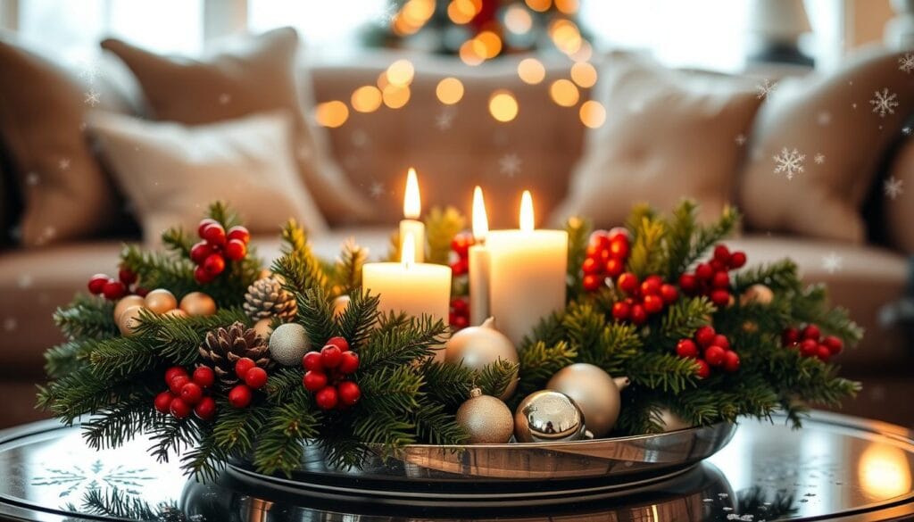 A luxurious Christmas coffee table centerpiece, bathed in warm, soft lighting. In the foreground, an elegant arrangement of fresh evergreen sprigs, pinecones, and red berry clusters. Complemented by a few artfully placed gold and silver ornaments. In the middle ground, a pair of flickering white candles, their flames reflecting in a polished mirrored tray. In the background, a sprinkling of delicate snowflakes, hinting at the winter wonderland outside. The overall scene radiates a sense of festive sophistication and holiday cheer, perfect for setting the mood in a cozy living room.