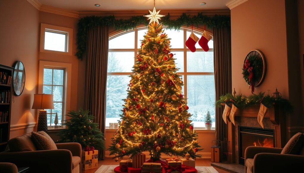 A magnificent Christmas tree stands as the focal point of a cozy living room. The tree is adorned with twinkling lights, shimmering ornaments, and a stunning star topper that catches the glow of the fireplace. The room is bathed in a warm, amber light, creating a inviting and festive atmosphere. The tree is positioned in front of a large picture window, allowing the soft snowfall outside to be visible in the background. Lush, green garlands and stockings hang above the fireplace, complementing the tree's rich, verdant foliage. The overall scene conveys a sense of holiday splendor and domestic comfort.
