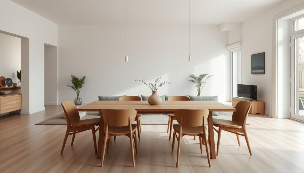 A minimalist and functional living space with clean lines, natural materials, and a serene atmosphere. An open-concept layout featuring a central wood dining table surrounded by simple yet elegant chairs. Soft, diffused lighting from large windows casts a warm glow, highlighting the textured walls and a single, artfully placed potted plant. The scene exudes a sense of calm and intentionality, reflecting the principles of Scandinavian design. A wide-angle lens captures the room's harmonious balance and airy, uncluttered aesthetic.