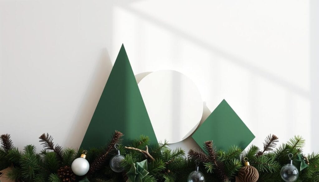 A minimalist holiday wall arrangement featuring a trio of modern, geometric shapes in muted shades of green, white, and natural wood. The shapes are arranged in a dynamic, asymmetric composition against a clean, light-filled backdrop. Soft, even natural lighting illuminates the scene, casting gentle shadows that add depth and dimension. The overall mood is one of elegant simplicity, with the shapes serving as understated yet impactful accents for a contemporary Christmas-themed space.