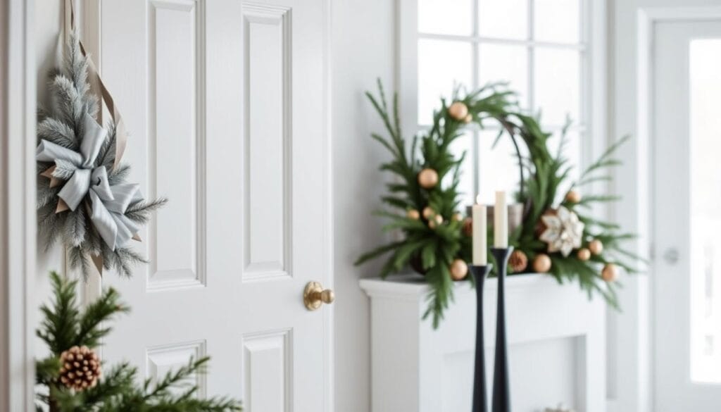 A minimalist modern Christmas entryway adorned with clean lines and a serene ambiance. In the foreground, a sleek, angular wreath of silver and white hues hovers against a crisp white door. In the middle ground, a pair of tall, slim candlesticks in matte black casting a warm, gentle glow. The background features a simple, uncluttered arrangement of evergreen boughs, pine cones, and understated metallic accents, all bathed in soft, diffused natural lighting streaming through a large window. The overall aesthetic conveys a sense of refined elegance and harmonious simplicity, perfectly complementing the "Simplifying Your Look: Minimalist and Modern Christmas Decor" theme.