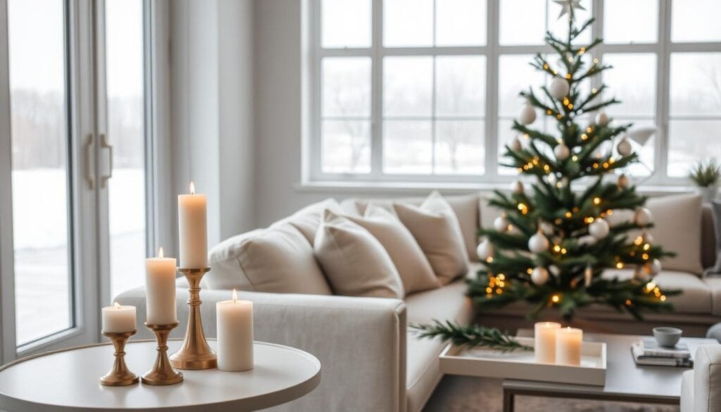 A minimalistic holiday palette in a cozy, well-lit living room. In the foreground, a sleek, modern Christmas tree adorned with simple white lights and a few elegant ornaments. On the side table, a cluster of pillar candles in varying heights, their soft glow casting a warm, inviting atmosphere. The middle ground features a plush, neutral-toned sofa and a minimalist coffee table, upon which rests a tray with a single sprig of greenery. The background showcases large windows, letting in natural light and providing a serene, winter landscape outside. The overall tone is serene, sophisticated, and effortlessly festive.