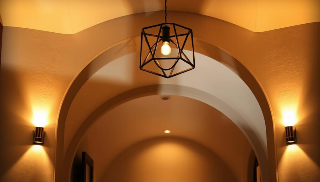 A modern archway bathed in warm, inviting lighting. Sleek metal sconces adorning the sides, casting a soft, ambient glow. Minimalist yet elegant fixtures, their clean lines complementing the archway's architectural details. Subtle shadows play across the curved, stone walls, creating depth and dimension. The lighting gently illuminates the space, fostering a cozy, welcoming atmosphere. Overhead, a statement pendant light, its geometric design adding a touch of contemporary flair. The entire scene exuding a sense of refined sophistication, perfect for elevating the entrance to a chic, modern interior.