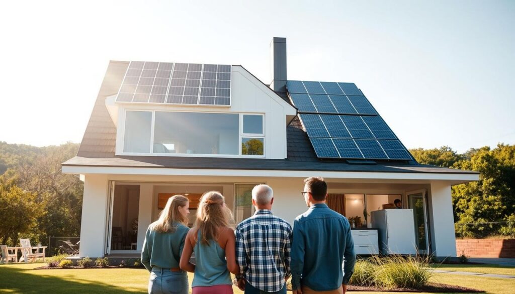 A modern, energy-efficient home with solar panels on the roof, gleaming windows, and a sleek, minimalist exterior. In the foreground, a trio of homeowners admire their upgrades, from a smart thermostat to LED lighting, as sunlight streams in through the large, airy windows. The middle ground showcases an array of insulation materials, weatherstripping, and high-efficiency appliances, all working together to create a sustainable, cost-saving living space. The background features a lush, verdant landscape, emphasizing the harmony between the home and its natural surroundings. The overall scene conveys a sense of pride, innovation, and environmental consciousness.