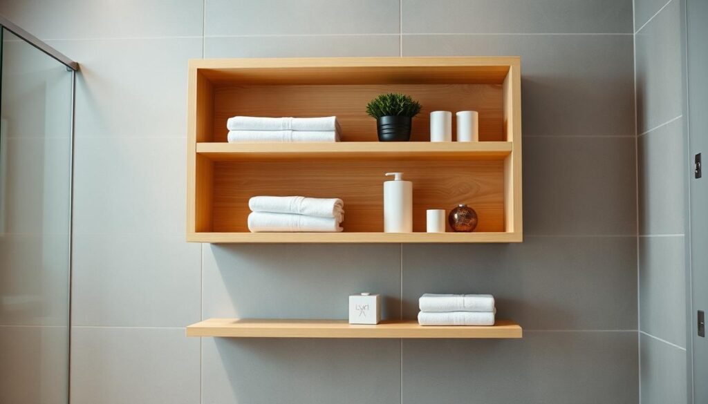 A modern, minimalist bathroom shelving unit with clean lines and a sleek, streamlined design. The unit is mounted on the wall, with three evenly spaced shelves made of a light wood material, creating a warm, natural contrast against the cool, neutral-toned tiles of the bathroom. The shelves are adorned with a few carefully curated items, such as neatly folded towels, a potted plant, and a few decorative accessories, all in a muted color palette that complements the overall aesthetic. The lighting is soft and diffused, creating a calming, spa-like ambiance. The camera angle is positioned slightly below eye level, highlighting the shelving unit's functional yet visually appealing design.