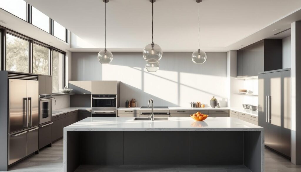 A modern, minimalist cooking space with clean lines and a sleek, high-tech aesthetic. A large, central island with a smooth, marble-like countertop serves as the focal point, surrounded by state-of-the-art appliances in a stainless steel finish. Abundant natural light streams in through floor-to-ceiling windows, casting a warm, inviting glow over the space. Carefully selected pendant lights hang above the island, providing both task and ambient lighting. The backsplash features a simple, geometric tile pattern that complements the overall design. The color palette is a harmonious blend of muted grays, whites, and blacks, creating a sophisticated and stylish atmosphere.