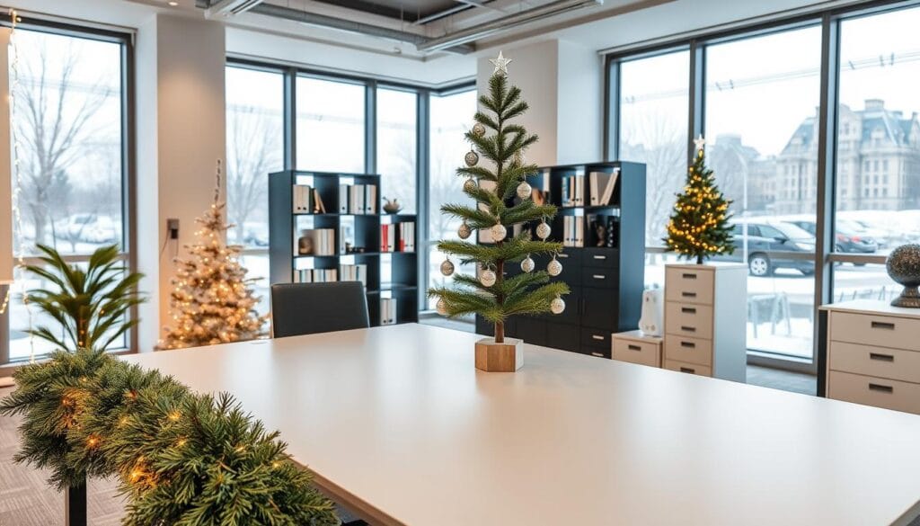 A modern, minimalist office space, adorned with festive holiday decor. In the foreground, a sleek white desk is accented with a lush, evergreen garland and warm fairy lights. On the desk, a minimalist Christmas tree stands tall, its branches laden with delicate, glass ornaments. In the middle ground, bookshelves and filing cabinets are tastefully decorated with twinkling string lights and small, metallic accents. The background features large windows, letting in natural light and offering a view of a snowy, urban landscape. The overall atmosphere is one of refined elegance and holiday cheer, perfect for an office setting.