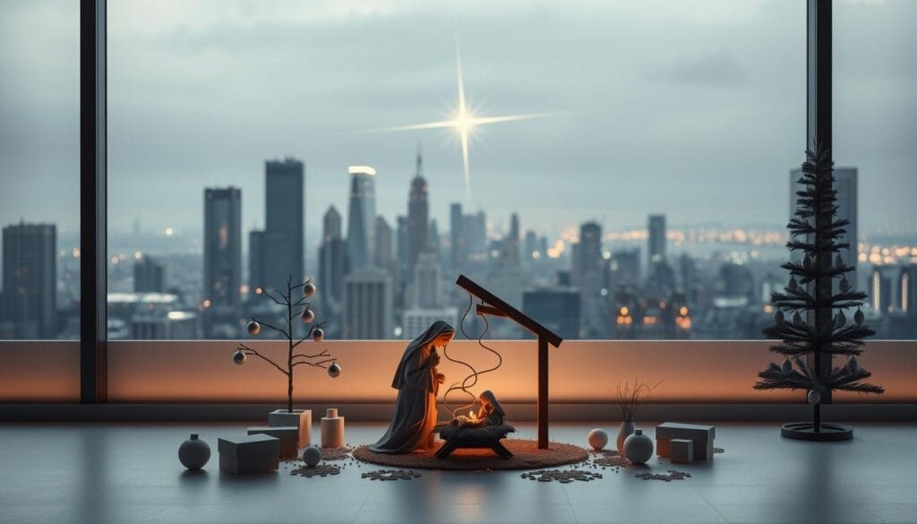 A modern nativity scene unfolds in a sleek, minimalist setting. In the foreground, the holy family stands in a warm, soft-lit embrace, their figures cast in a subtle, ethereal glow. The manger, crafted from clean, geometric lines, sits amidst a scattering of minimalist, abstract decorations. In the middle ground, a sparse, contemporary Christmas tree adds a touch of festive elegance, its simple ornaments reflecting the ambient lighting. The background features a panoramic cityscape, its skyscrapers and high-rise buildings casting a serene, metropolitan ambiance. The overall mood is one of contemplative wonder, blending the timeless tradition of the nativity with a modern, stylized aesthetic.