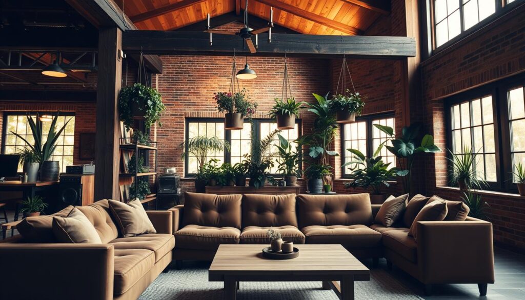 A modern rustic interior with warm, cozy ambiance. In the foreground, a plush suede sofa and a wooden coffee table with minimal decor. In the middle ground, exposed wooden beams and brick walls, softened by lush greenery in hanging planters. The background features large windows that flood the space with natural light, casting a golden glow. The overall aesthetic blends industrial and organic elements, creating a harmonious and inviting atmosphere. The scene conveys a sense of simplicity, comfort, and effortless style.
