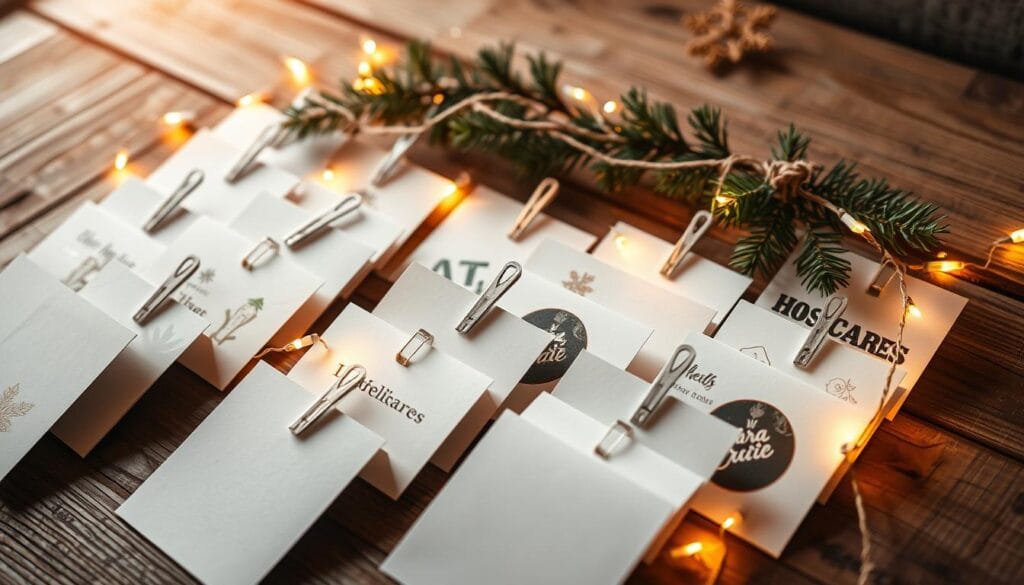 A neatly arranged display of holiday cards on a rustic wooden surface, bathed in warm, cozy lighting. The cards are meticulously organized in rows, with decorative clips, mini clothespins, or twine holding them in place. Delicate fairy lights or string lights accentuate the display, creating a festive and inviting atmosphere. Sprigs of fresh greenery, such as pine or holly, are strategically placed, adding a natural, seasonal touch. The overall composition exudes a sense of holiday cheer and a well-curated, effortless style.