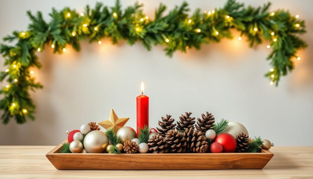 A neatly organized holiday tray display showcasing an assortment of festive items. In the foreground, a wooden tray holds an assortment of decorative Christmas ornaments, pinecones, and a single red candle. In the middle ground, a lush evergreen garland adorned with twinkling fairy lights frames the tray, creating a cozy and inviting atmosphere. The background features a clean, neutral-toned wall, allowing the warm holiday elements to take center stage. The lighting is soft and diffused, casting a gentle glow over the entire scene. The overall composition is balanced and visually appealing, reflecting a clutter-free and visually harmonious holiday display.