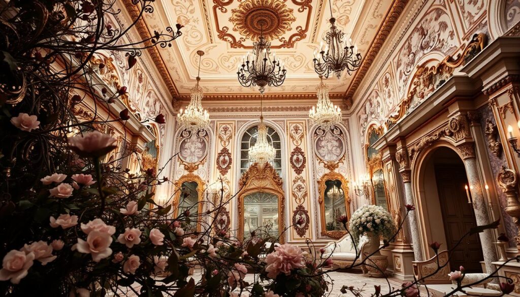 A opulent, intricate Rococo-style design with ornate, curlicue patterns, delicate floral motifs, and gilded accents. The composition features a lush, layered foreground with cascading vines, blossoms, and ornamental flourishes. The middle ground showcases elaborate moldings, cornices, and architectural details in a warm, muted color palette. In the background, a dreamy, softly-lit scene with ornate mirrors, chandeliers, and textured wallpapers creates an immersive, harmonious atmosphere. The image is captured with a wide, deep depth of field and a slightly oblique, bird's-eye perspective to highlight the complexity and grandeur of the Rococo style.