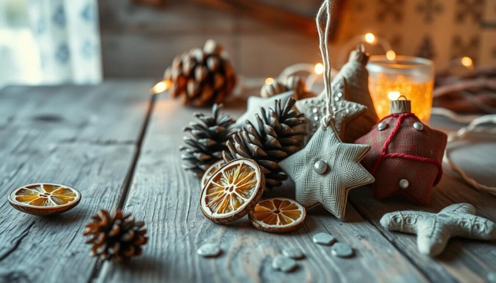 A rustic arrangement of handcrafted Christmas ornaments on a weathered wooden surface. In the foreground, a collection of natural, homemade decorations - pinecones, dried citrus slices, and simple fabric-wrapped shapes. The middle ground features a warm, ambient lighting that casts a soft glow, highlighting the organic textures. In the background, a backdrop of earthy tones and subtle patterns, evoking a cozy, DIY holiday atmosphere. The image conveys a sense of simplicity, charm, and homespun holiday cheer.